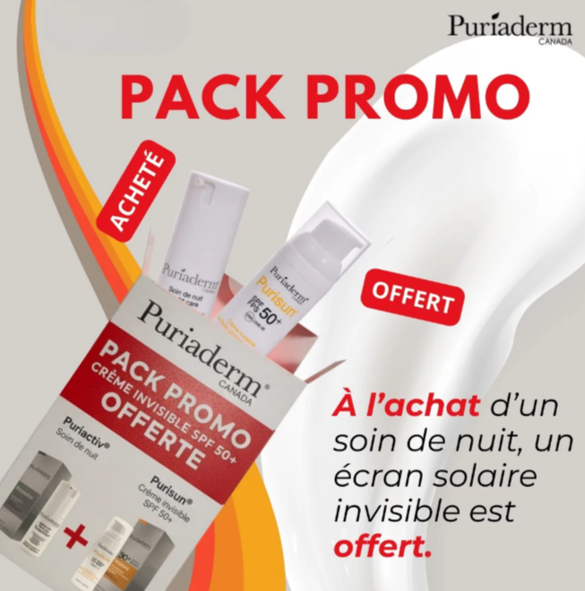 [796554054957] PURIADERM PACK PURIACTIV SOIN DE NUIT 30ML + PURISUN INVISIBLE SPF50+ 50ML OFFERT