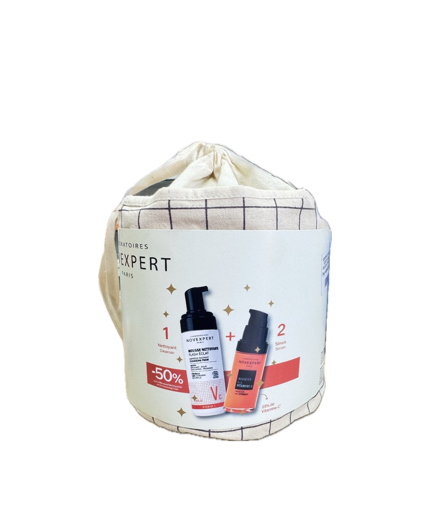 NOVEXPERT POCHON SERUM BOOSTER VITAMINE C 30ML + MOUSSE NETTOYANTE FLASH ECLAT 150ML