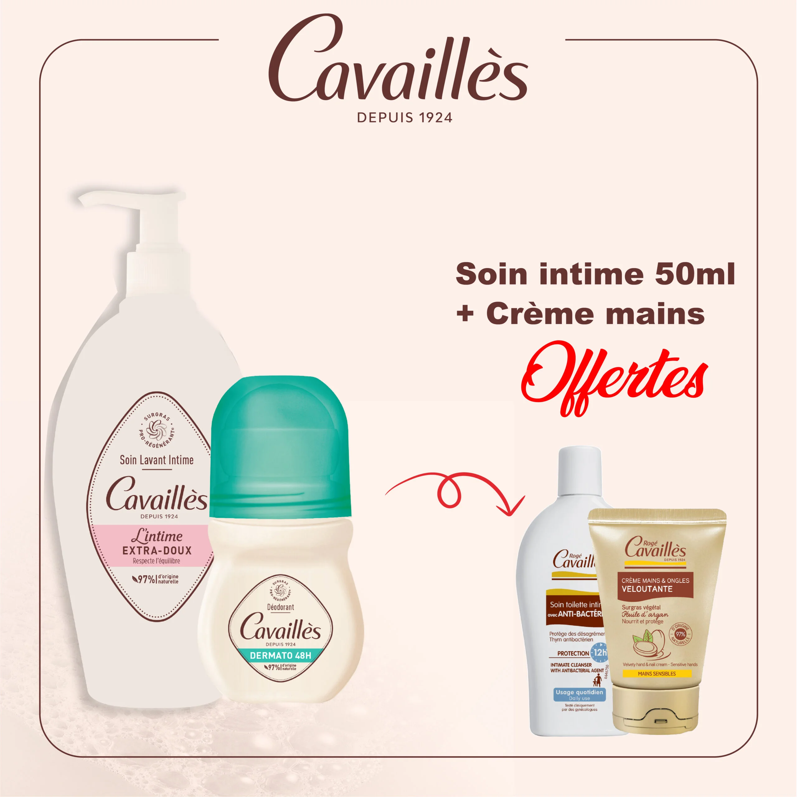 ROGE CAVAILLES PACK DEO + SOIN MULTI-USAGE+ SOIN INTIME + CREME MAINS VELOUTANTE